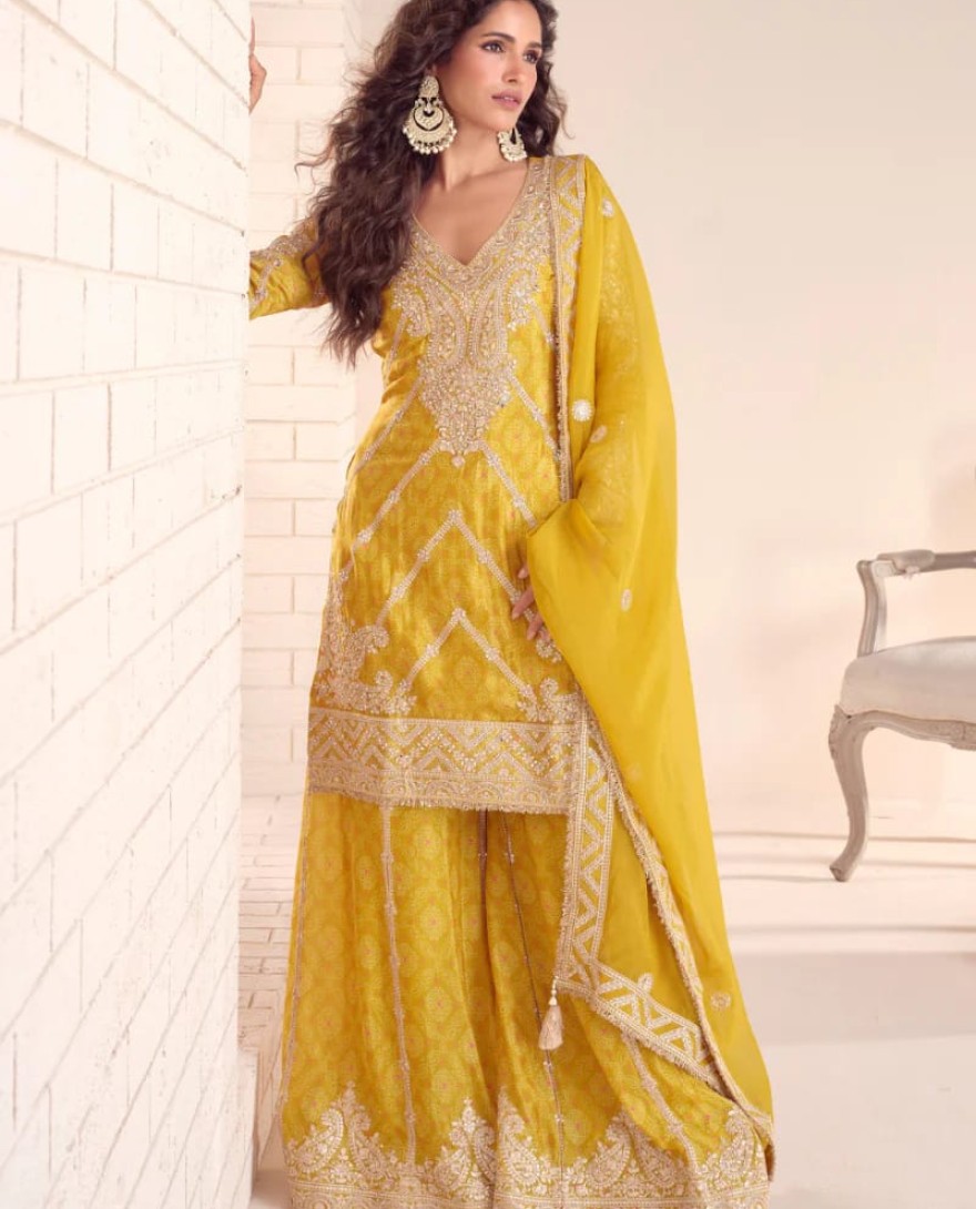 YELLOW - Mustard Yellow Chinon Palazzo Suit With Dupatta for Punjabi Wedding