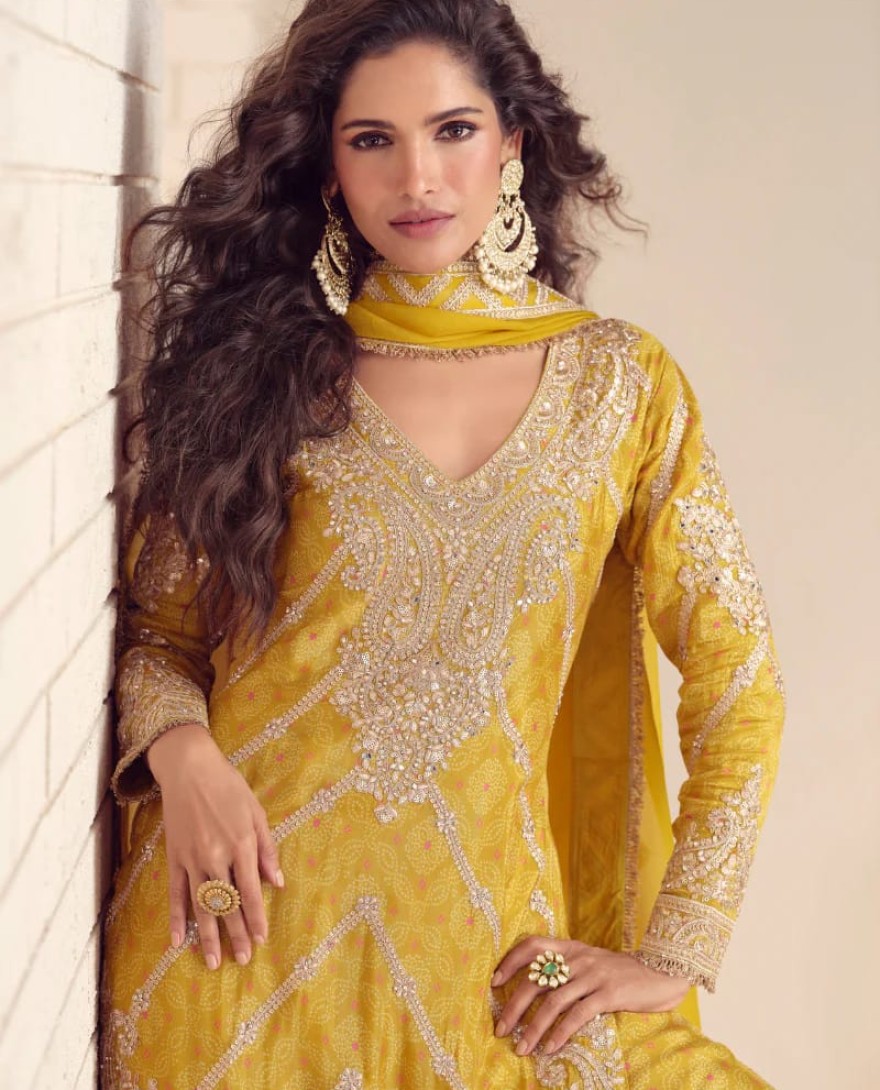 YELLOW - Mustard Yellow Chinon Palazzo Suit With Dupatta for Punjabi Wedding