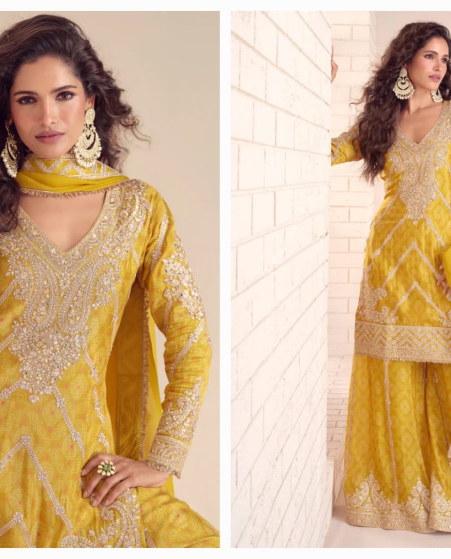 YELLOW - Mustard Yellow Chinon Palazzo Suit With Dupatta for Punjabi Wedding