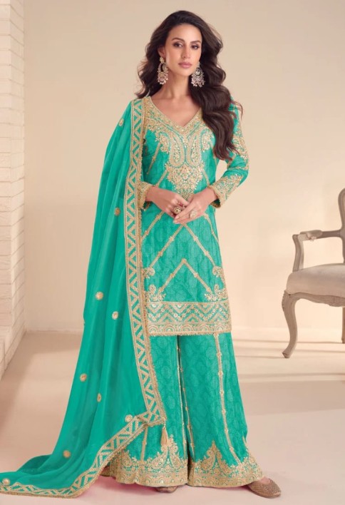 Teal Green Chinon Palazzo Suit With Dupatta for Punjabi Wedding