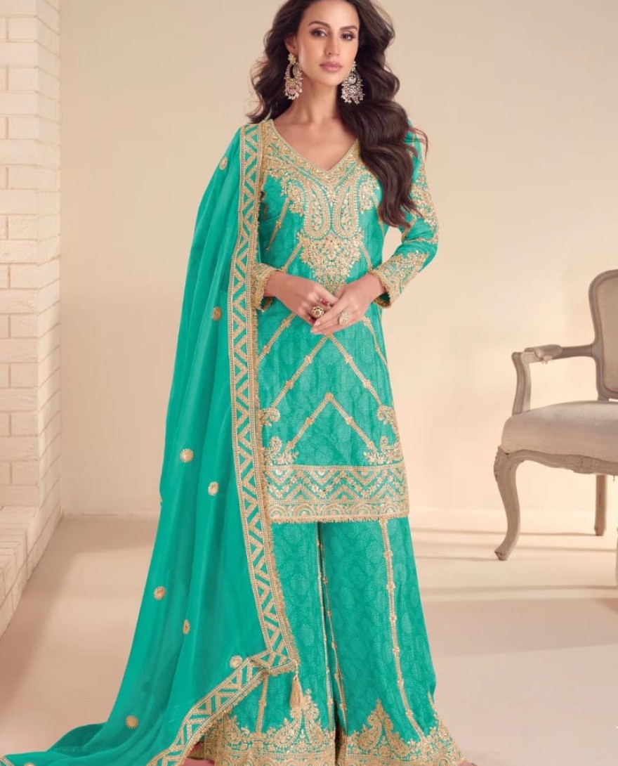 BLUE - Teal Green Chinon Palazzo Suit With Dupatta for Punjabi Wedding