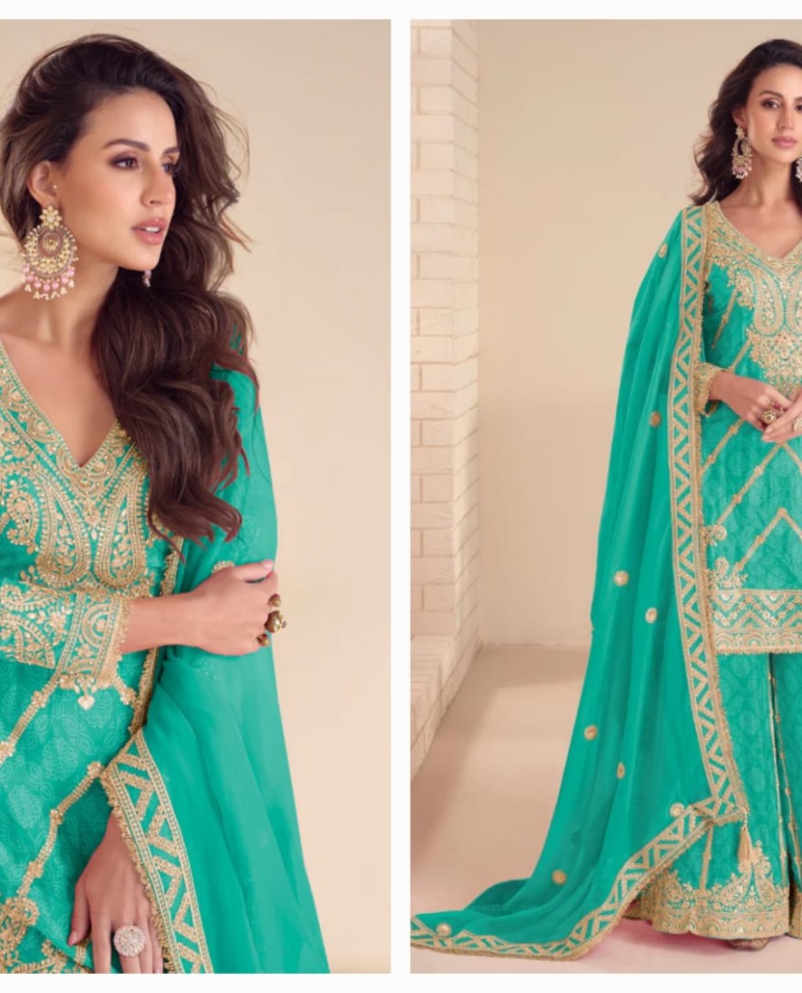 	 BLUE - Teal Green Chinon Palazzo Suit With Dupatta for Punjabi Wedding