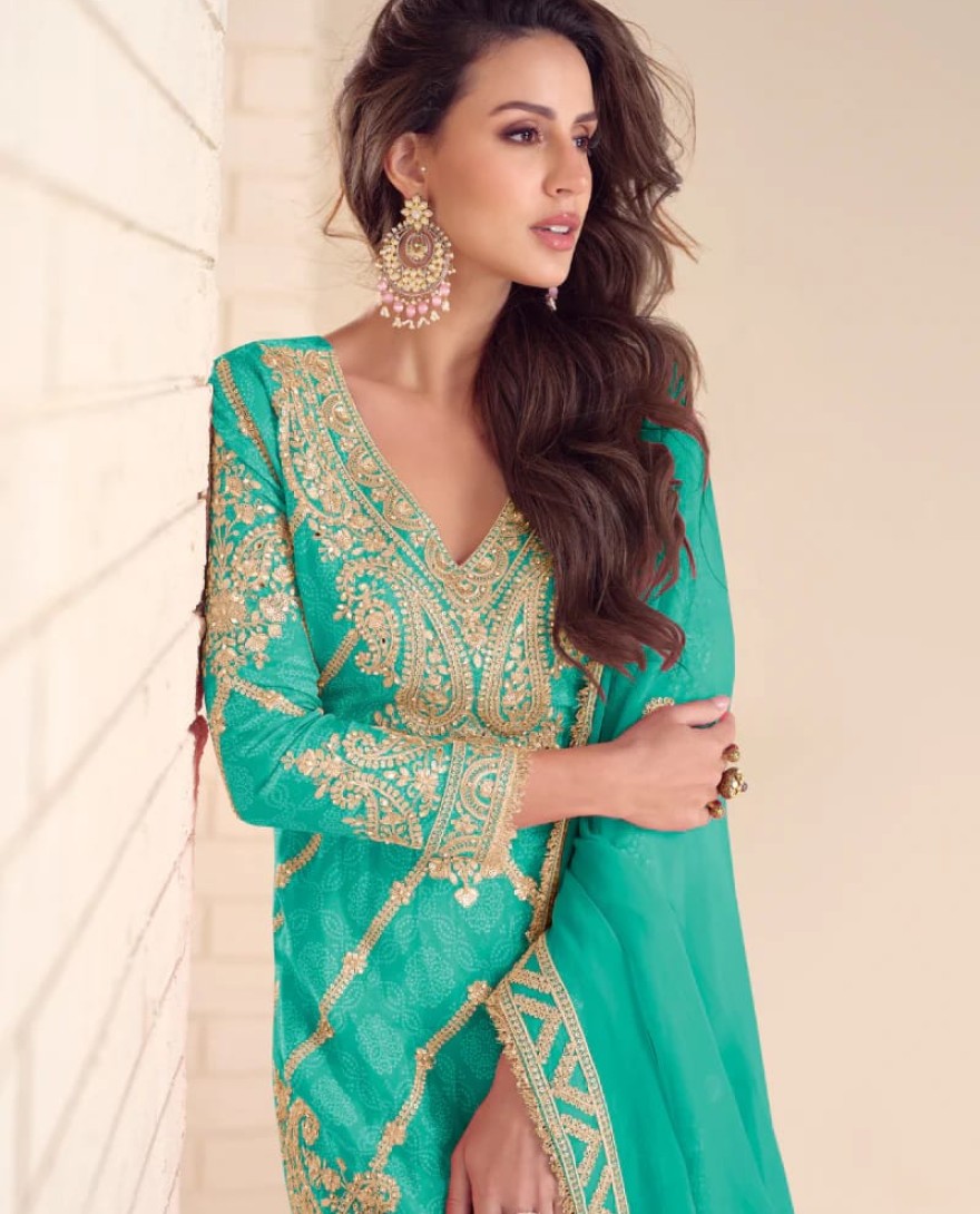 	 BLUE - Teal Green Chinon Palazzo Suit With Dupatta for Punjabi Wedding