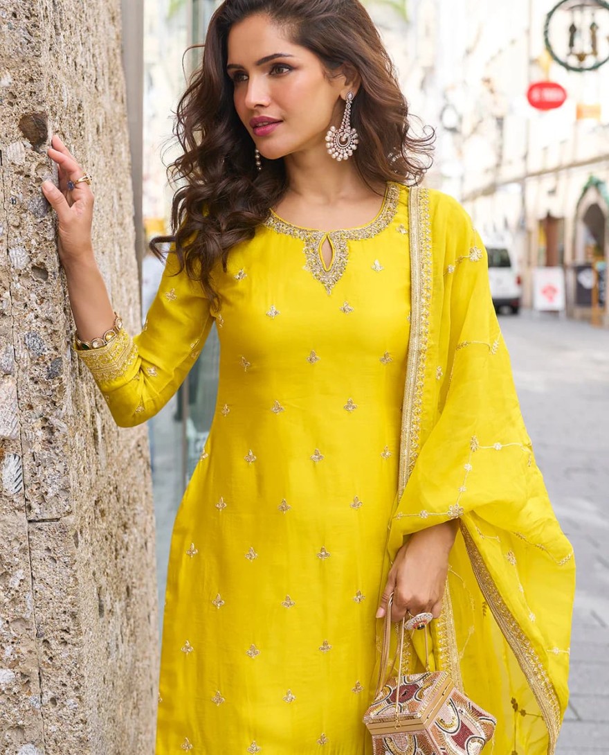 YELLOW - Designer Yellow Chinon Palazzo Suit With Dupatta for Punjabi Wedding