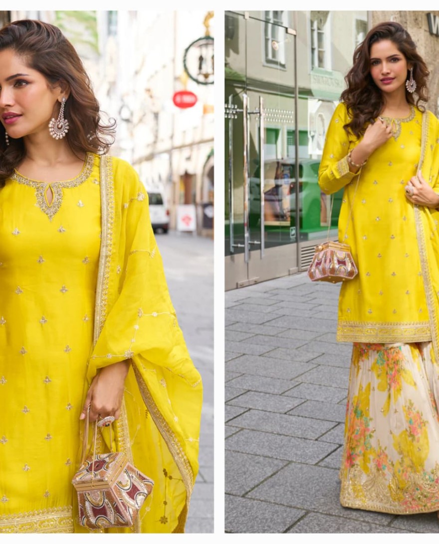 YELLOW - Designer Yellow Chinon Palazzo Suit With Dupatta for Punjabi Wedding