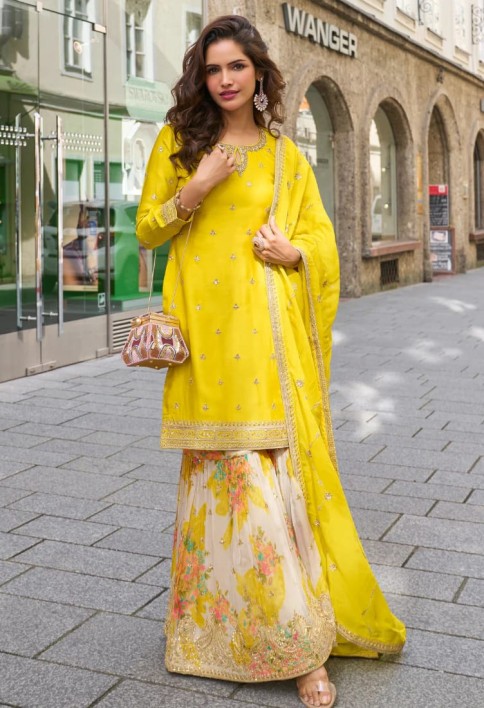 Designer Yellow Chinon Palazzo Suit With Dupatta for Punjabi Wedding