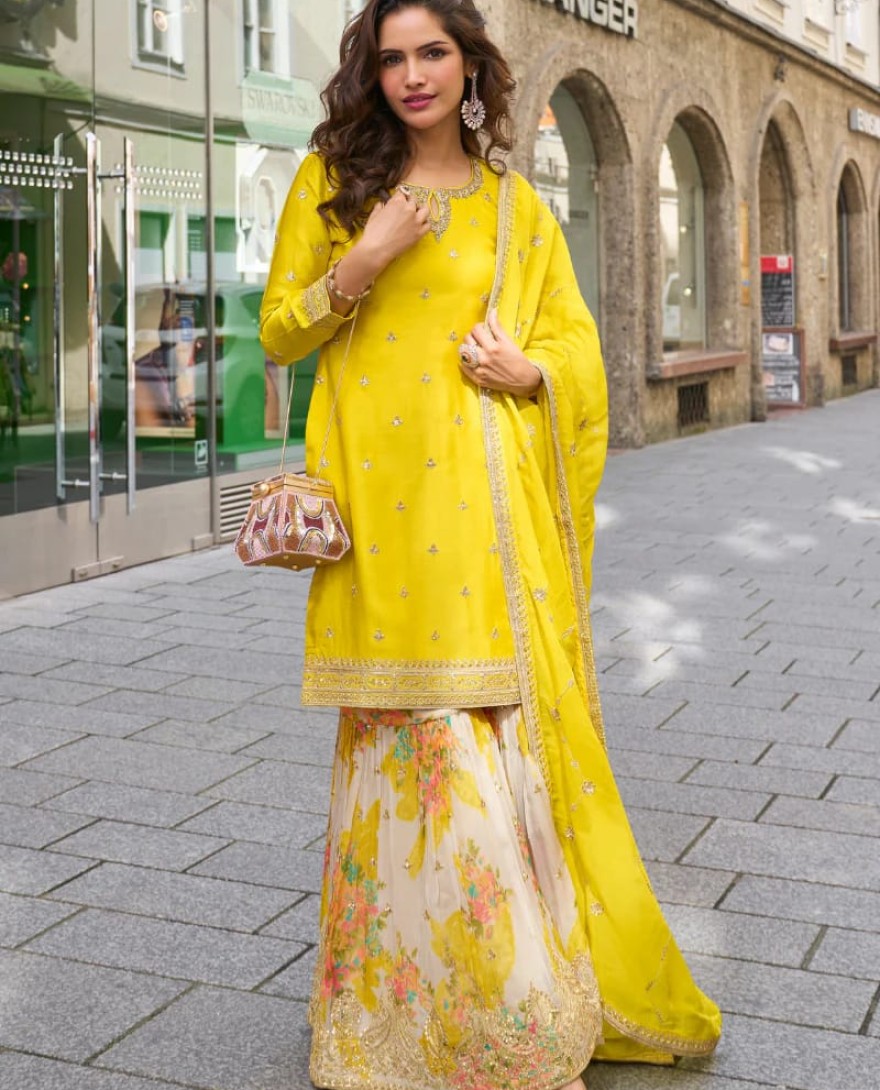 YELLOW - Designer Yellow Chinon Palazzo Suit With Dupatta for Punjabi Wedding