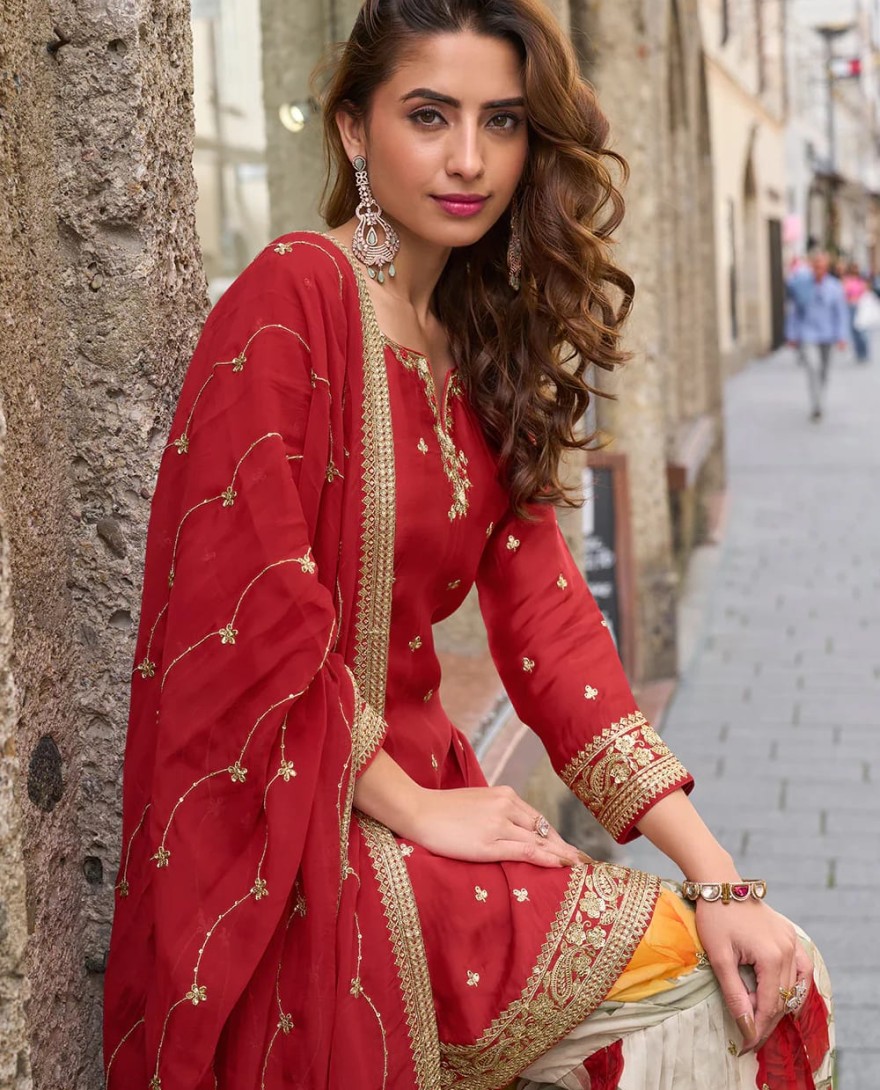 RED - Designer Red Chinon Palazzo Suit With Dupatta for Punjabi Wedding