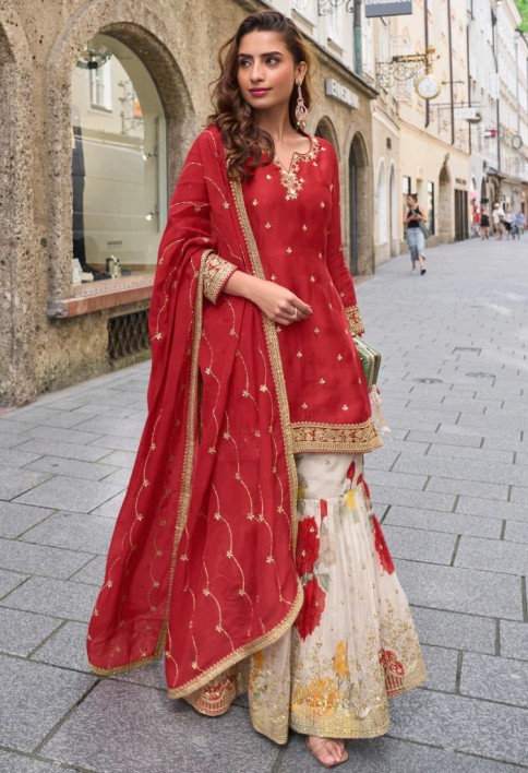 Designer Red Chinon Palazzo Suit With Dupatta for Punjabi Wedding