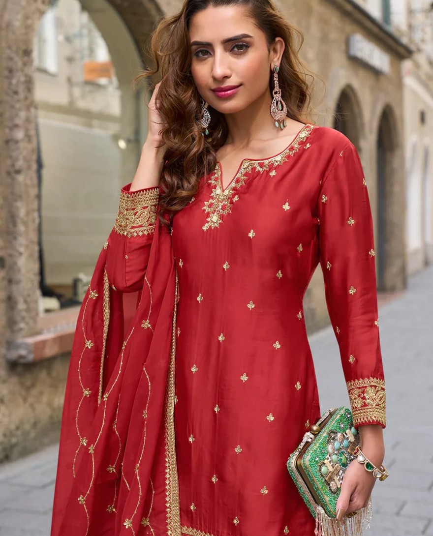 RED - Designer Red Chinon Palazzo Suit With Dupatta for Punjabi Wedding