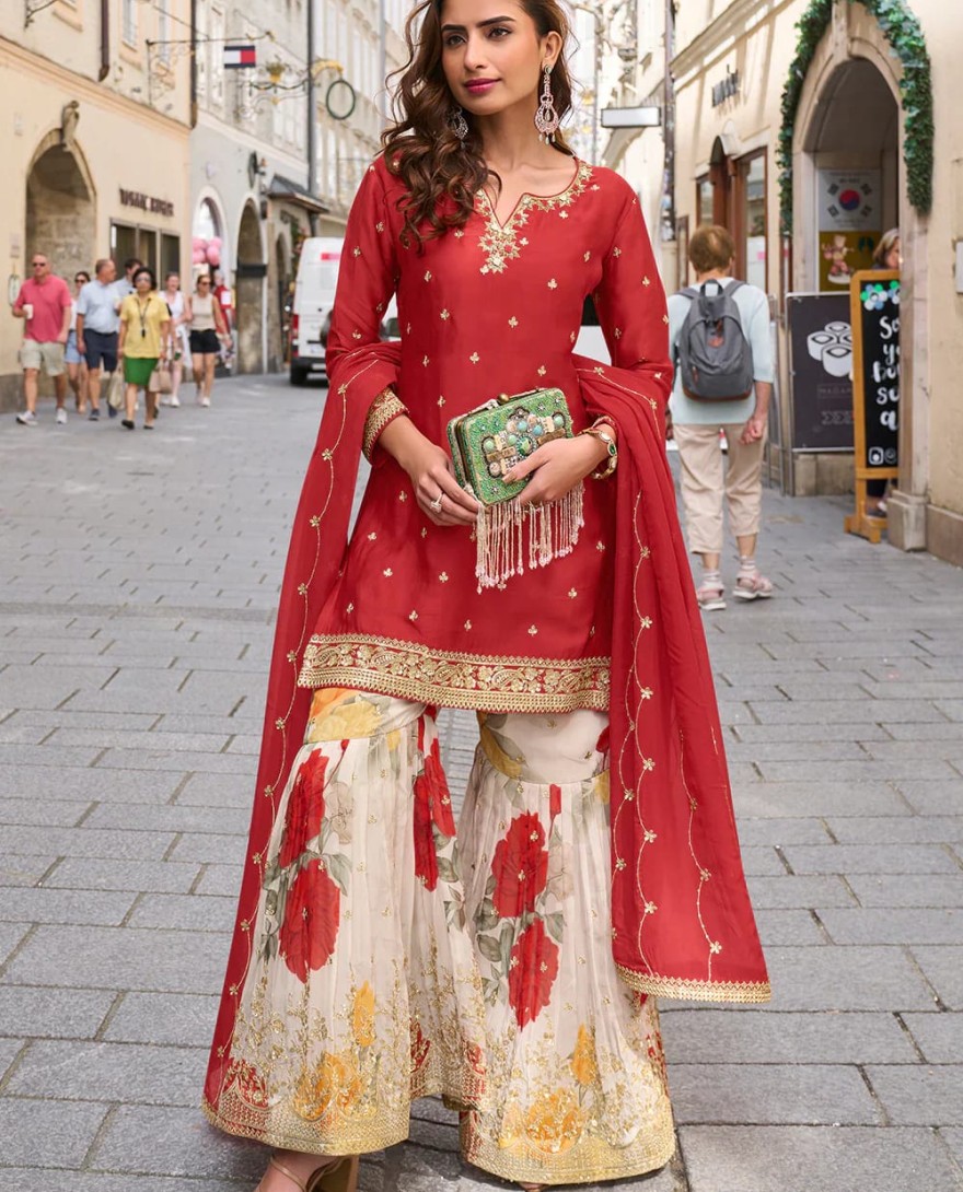 RED - Designer Red Chinon Palazzo Suit With Dupatta for Punjabi Wedding