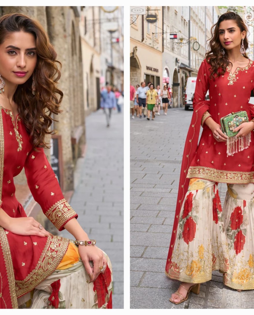 RED - Designer Red Chinon Palazzo Suit With Dupatta for Punjabi Wedding