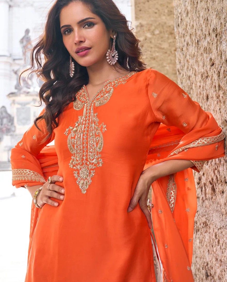 ORANGE - Designer Orange Chinon Palazzo Suit With Dupatta for Punjabi Wedding