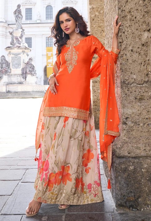 Designer Orange Chinon Palazzo Suit With Dupatta for Punjabi Wedding
