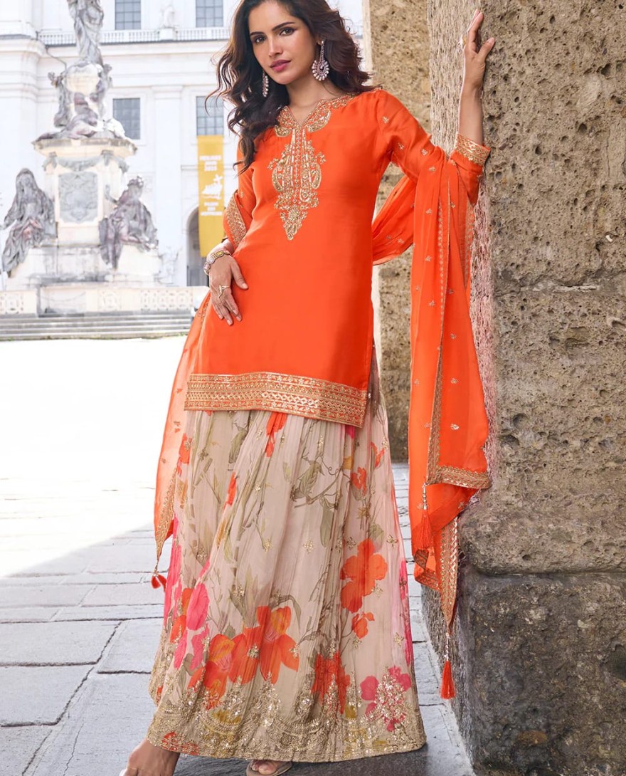 ORANGE - Designer Orange Chinon Palazzo Suit With Dupatta for Punjabi Wedding