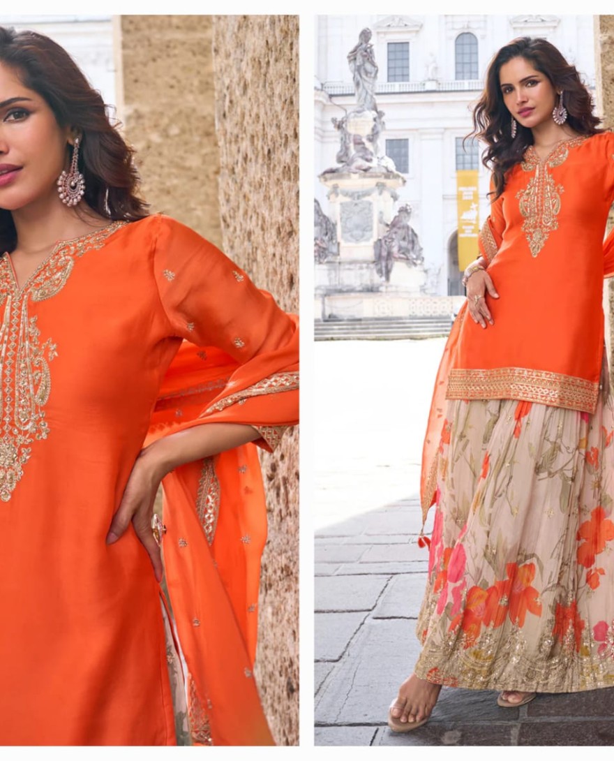 ORANGE - Designer Orange Chinon Palazzo Suit With Dupatta for Punjabi Wedding