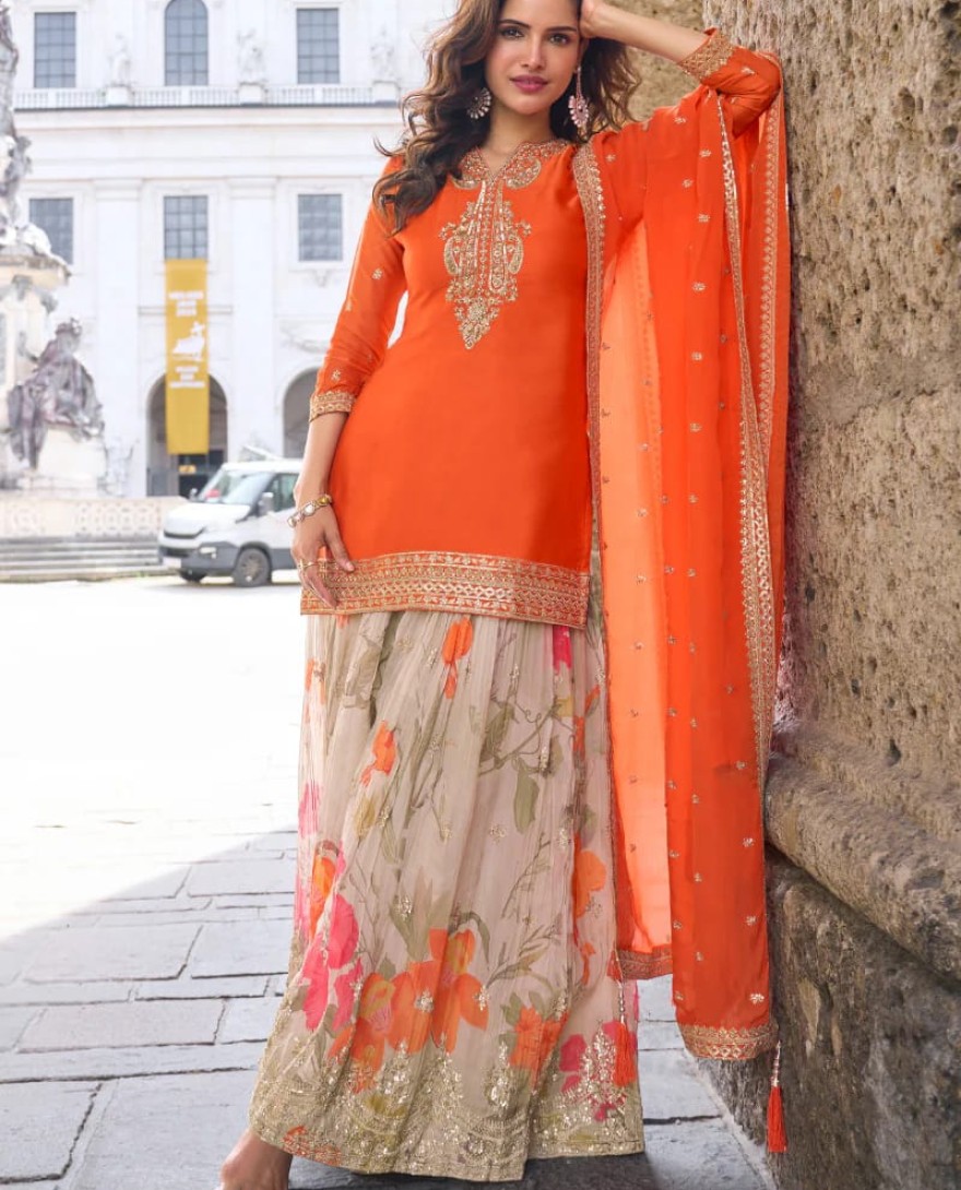 ORANGE - Designer Orange Chinon Palazzo Suit With Dupatta for Punjabi Wedding