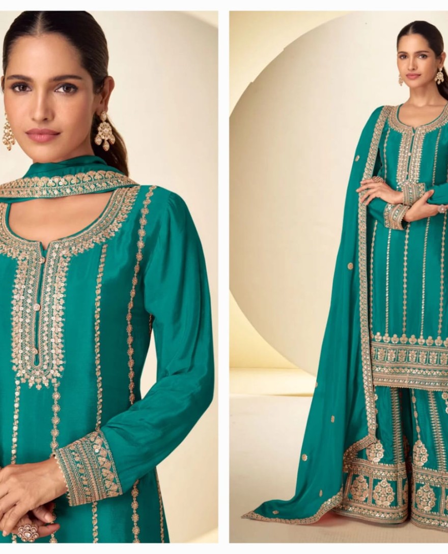 GREEN - Sea Green Chinon Embroidered Work Readymade Salwar Suit