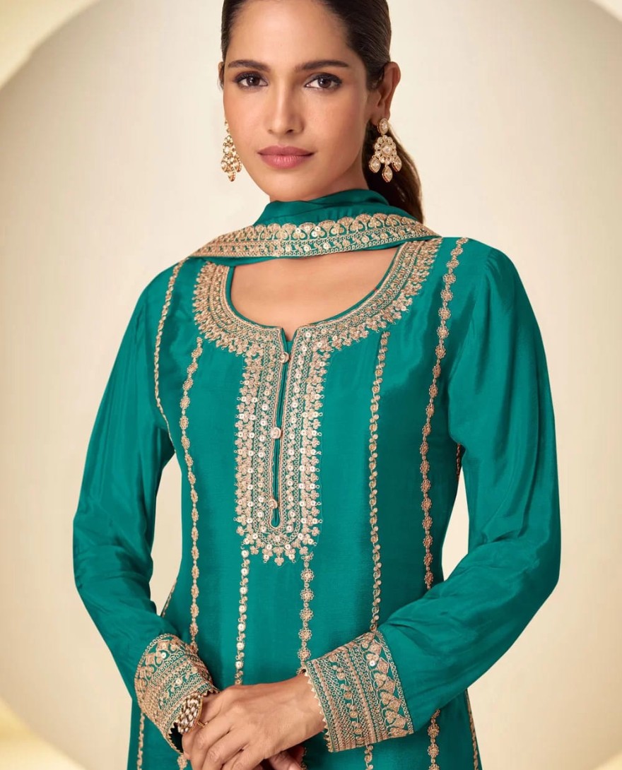 GREEN - Sea Green Chinon Embroidered Work Readymade Salwar Suit