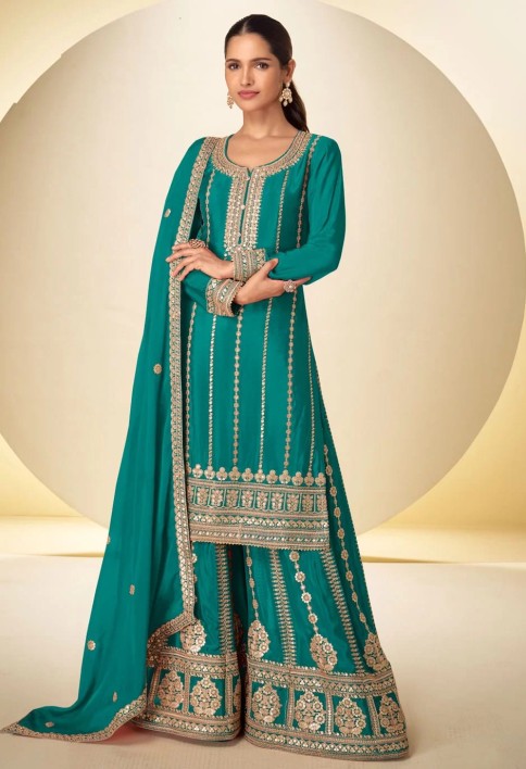 Sea Green Chinon Embroidered Work Readymade Salwar Suit
