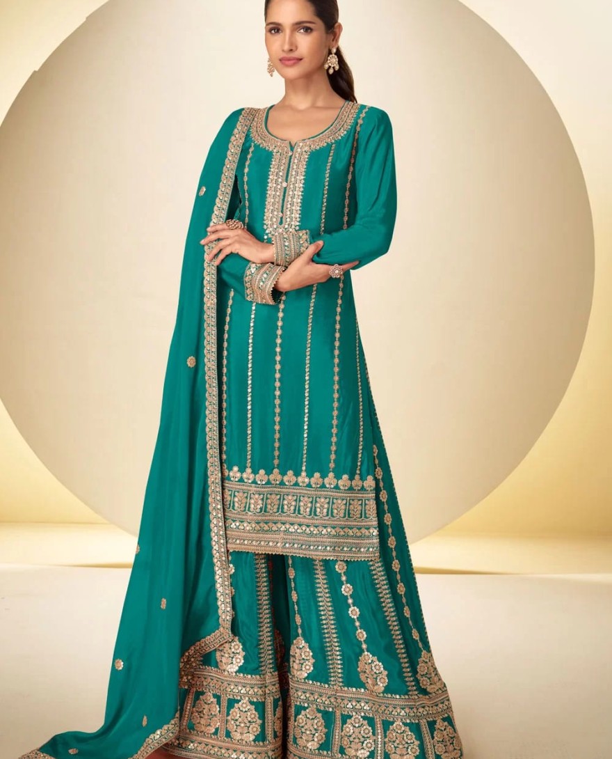 GREEN - Sea Green Chinon Embroidered Work Readymade Salwar Suit