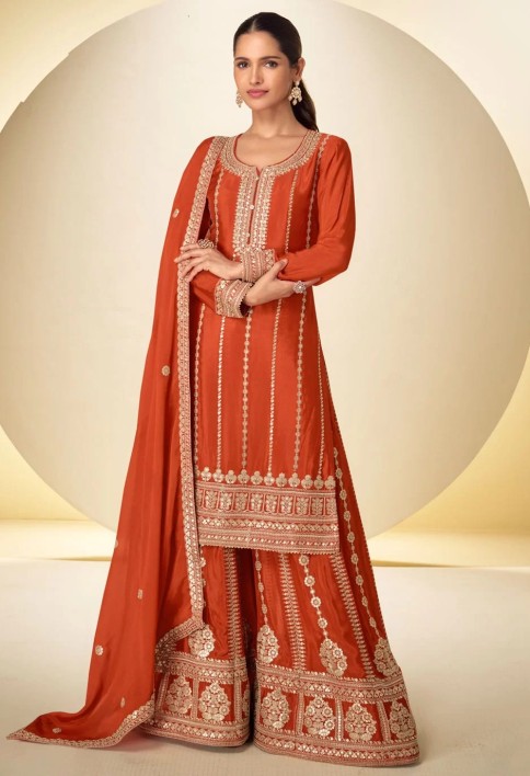 Orange Chinon Embroidered Work Salwar Suit for Ceremonial
