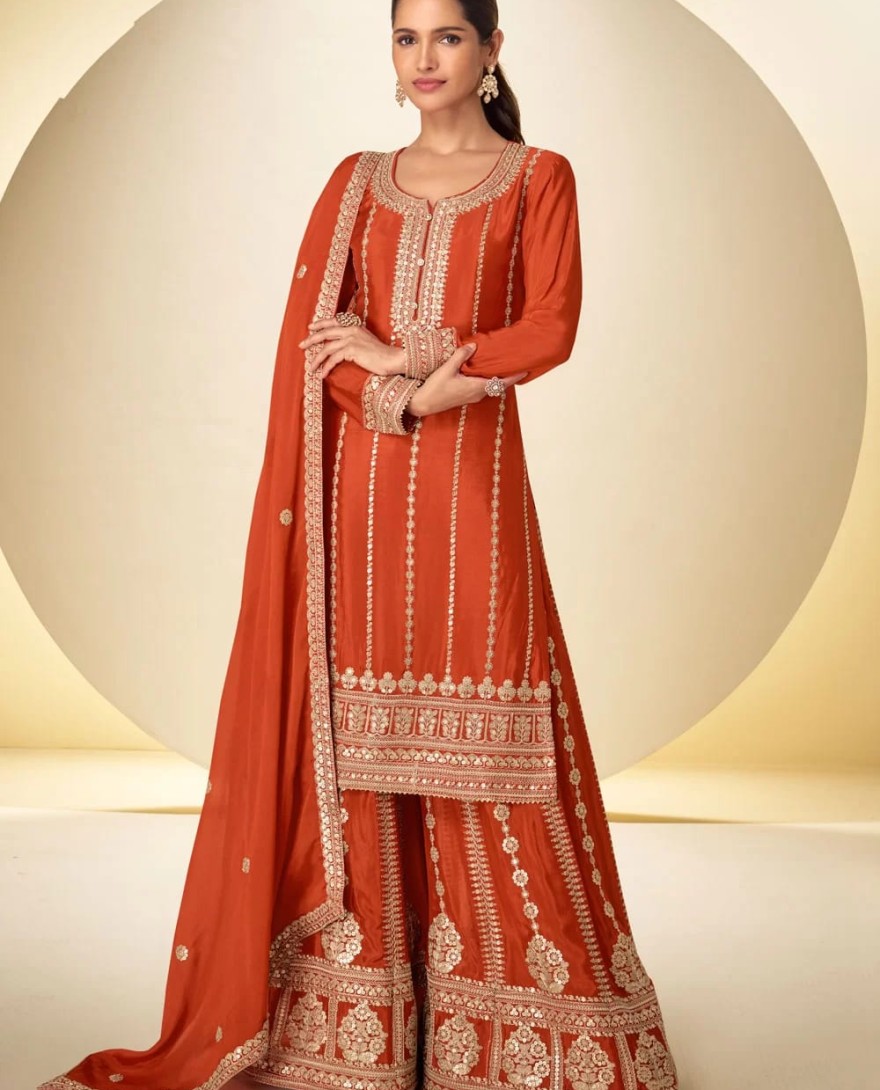 ORANGE - Orange Chinon Embroidered Work Salwar Suit for Ceremonial