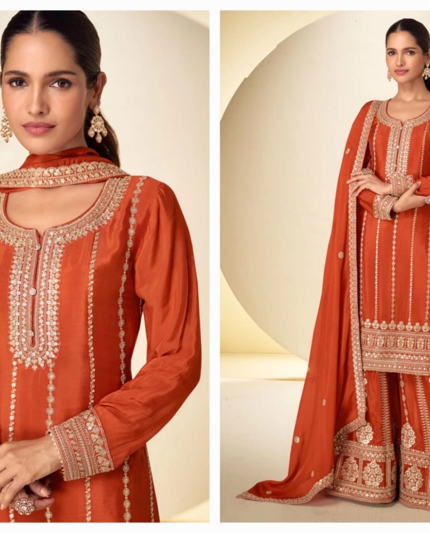 ORANGE - Orange Chinon Embroidered Work Salwar Suit for Ceremonial