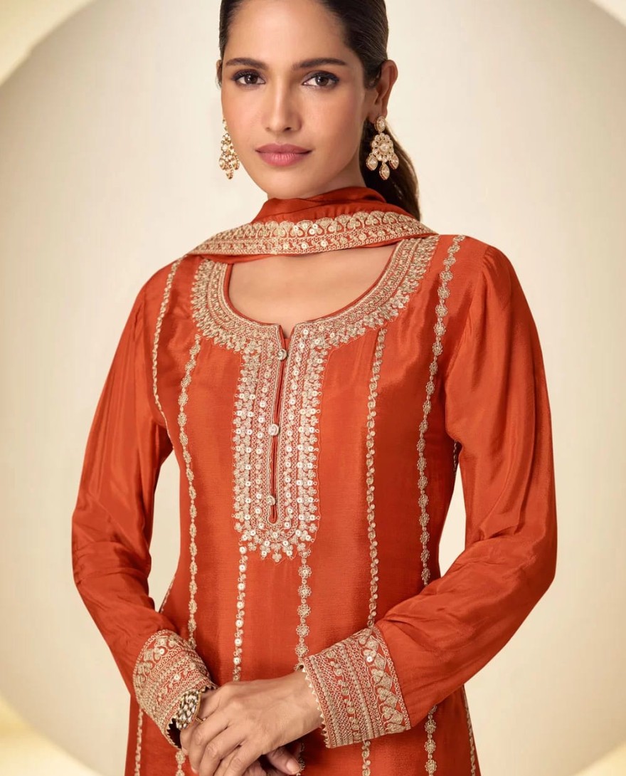 ORANGE - Orange Chinon Embroidered Work Salwar Suit for Ceremonial