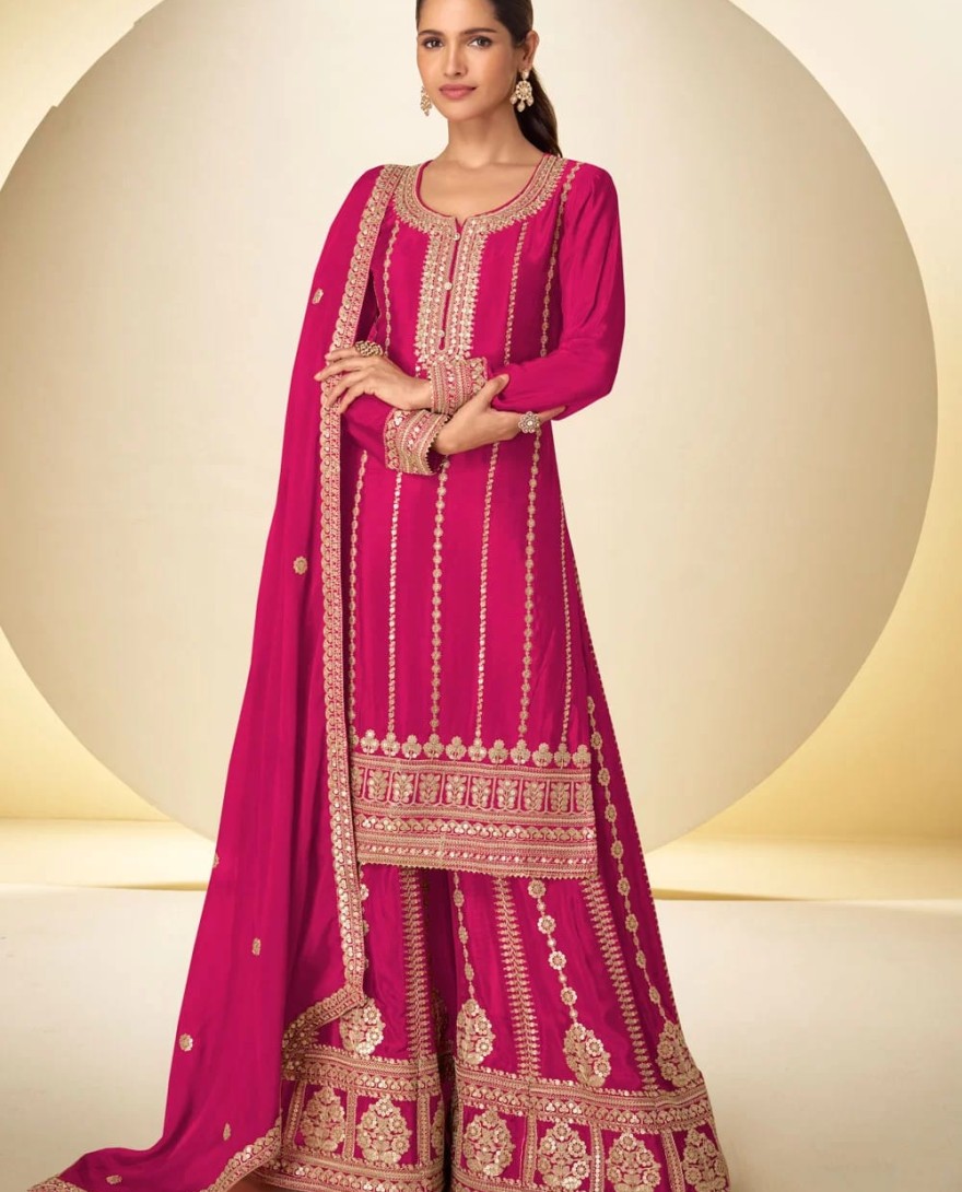PINK - Embroidered Work Chinon Palazzo Salwar Suit In Pink for Ceremonial