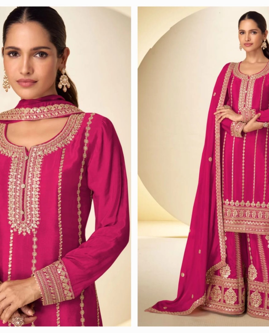 PINK - Embroidered Work Chinon Palazzo Salwar Suit In Pink for Ceremonial