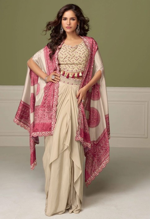 Cream Chinon with Embroidered and Mirror Work