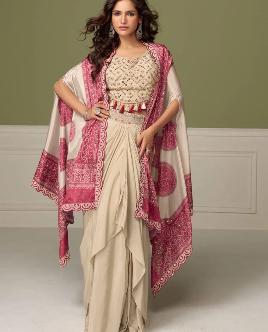 PINK - Cream Chinon Salwar Suit with Embroidered and Mirror Work