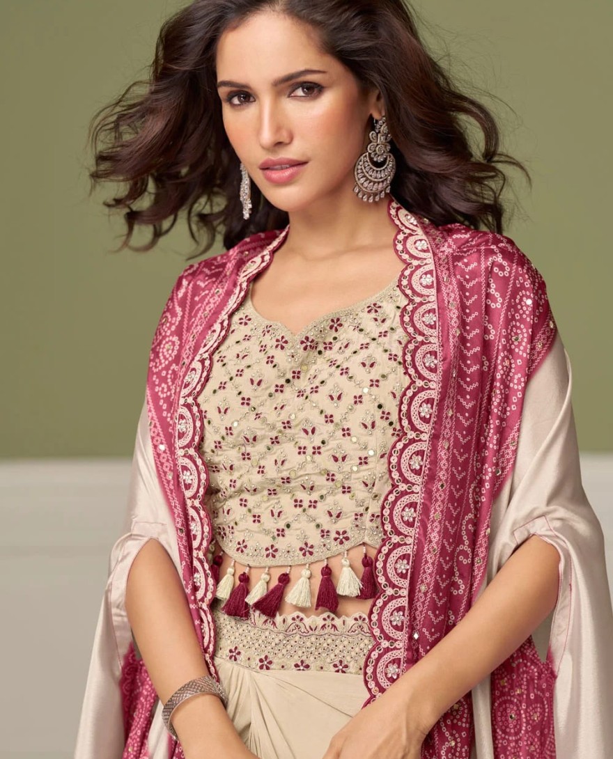 PINK - Cream Chinon Salwar Suit with Embroidered and Mirror Work