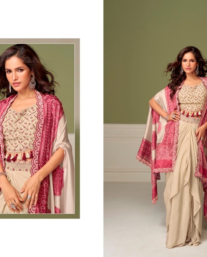 PINK - Cream Chinon Salwar Suit with Embroidered and Mirror Work