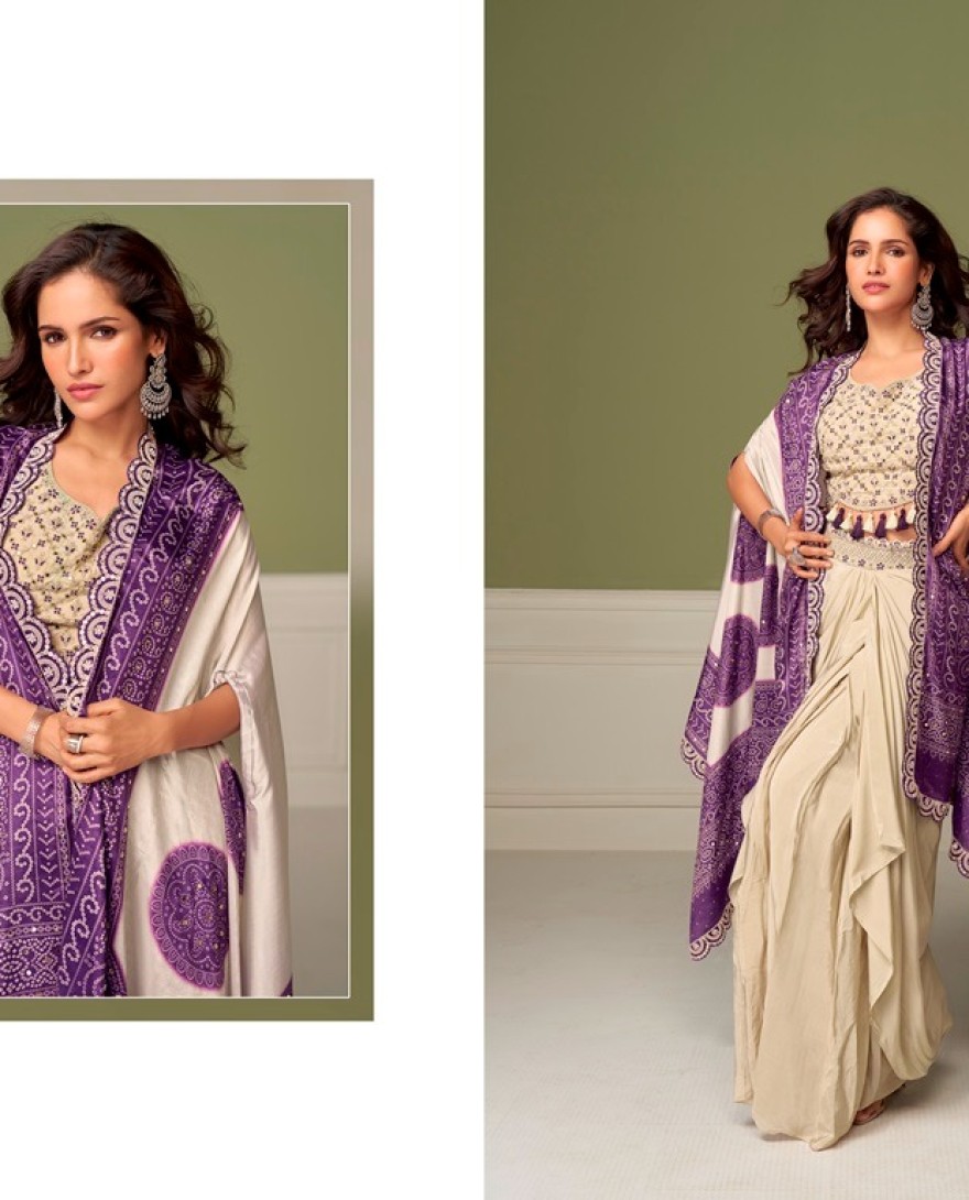 PURPLE - Topnotch Cream Chinon Salwar Suit with Embroidered and Mirror Work