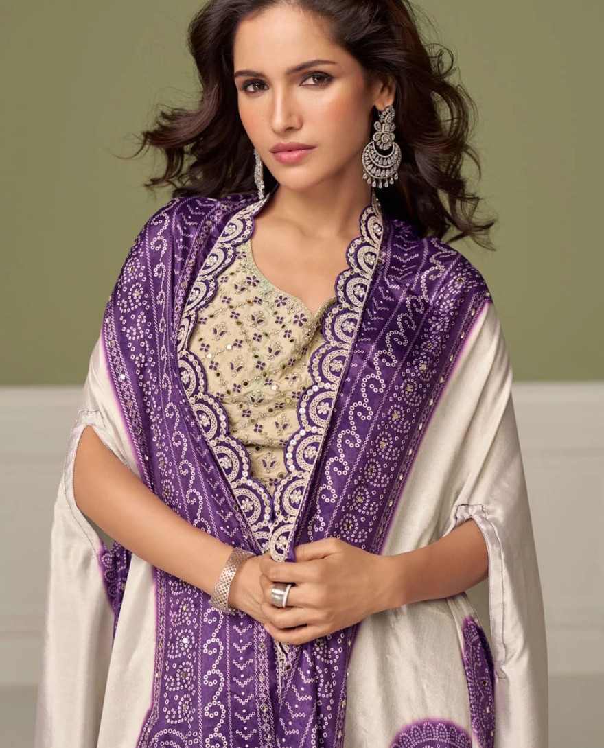 PURPLE - Topnotch Cream Chinon Salwar Suit with Embroidered and Mirror Work
