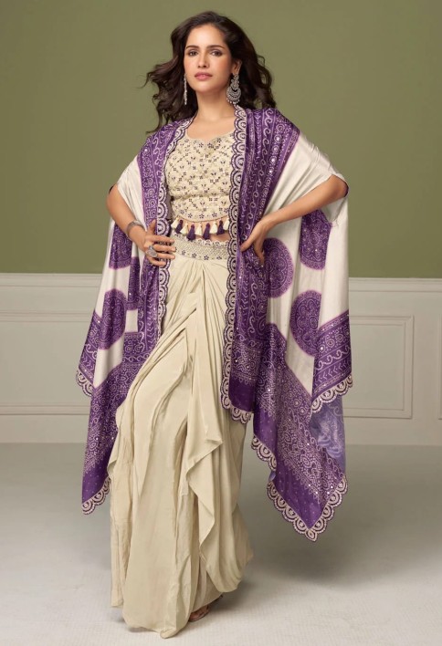 Topnotch Cream Chinon with Embroidered and Mirror Work