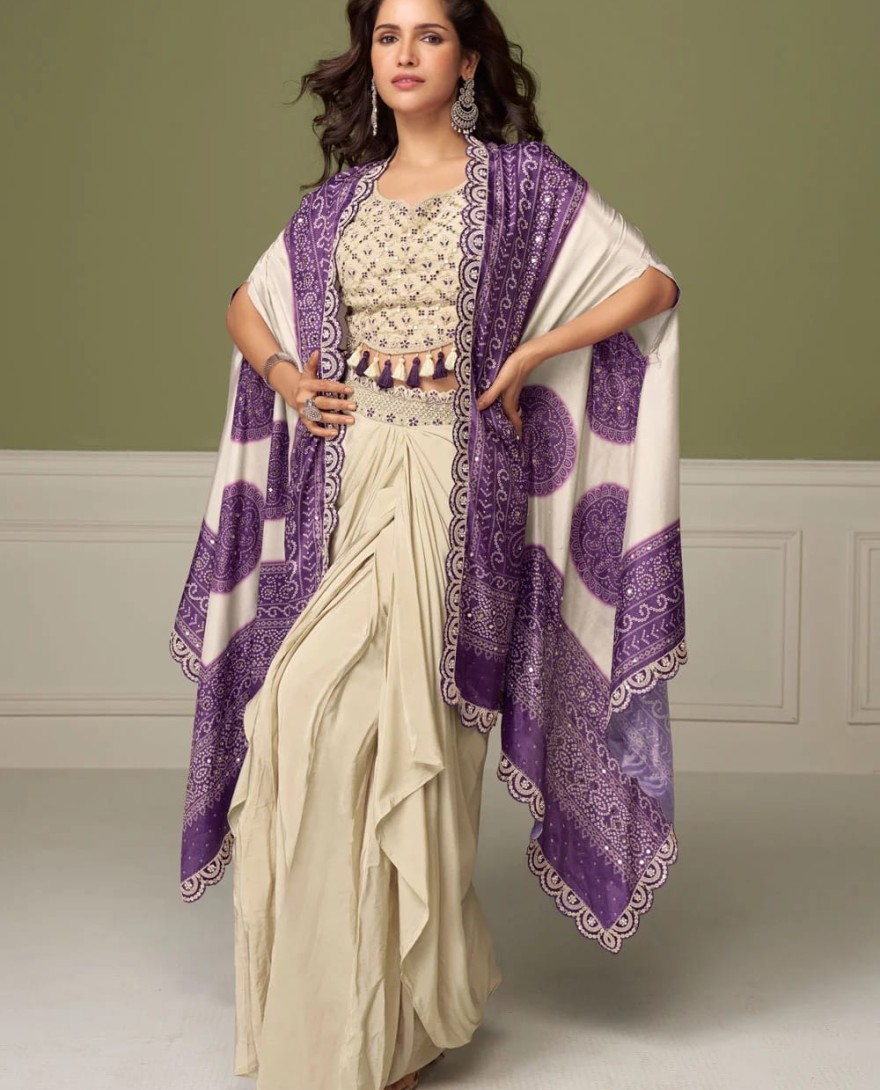PURPLE - Topnotch Cream Chinon Salwar Suit with Embroidered and Mirror Work