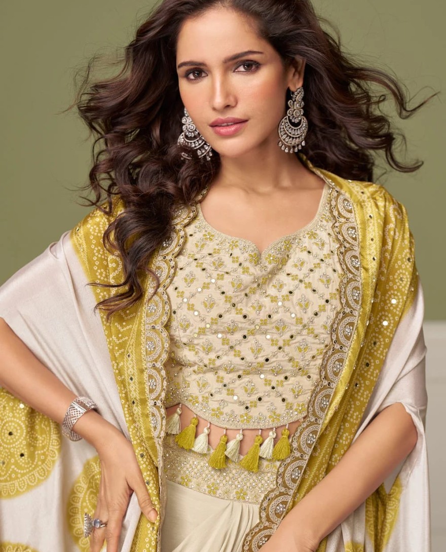 YELLOW - Yellow Chinon Embroidered and Mirror Work Readymade Salwar Suit