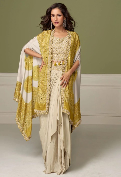 Yellow Chinon Embroidered and Mirror Work Readymade
