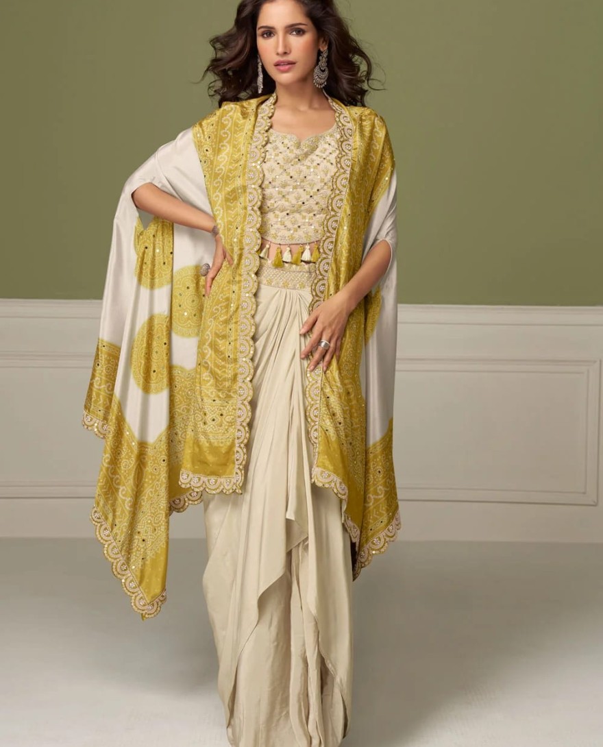YELLOW - Yellow Chinon Embroidered and Mirror Work Readymade Salwar Suit