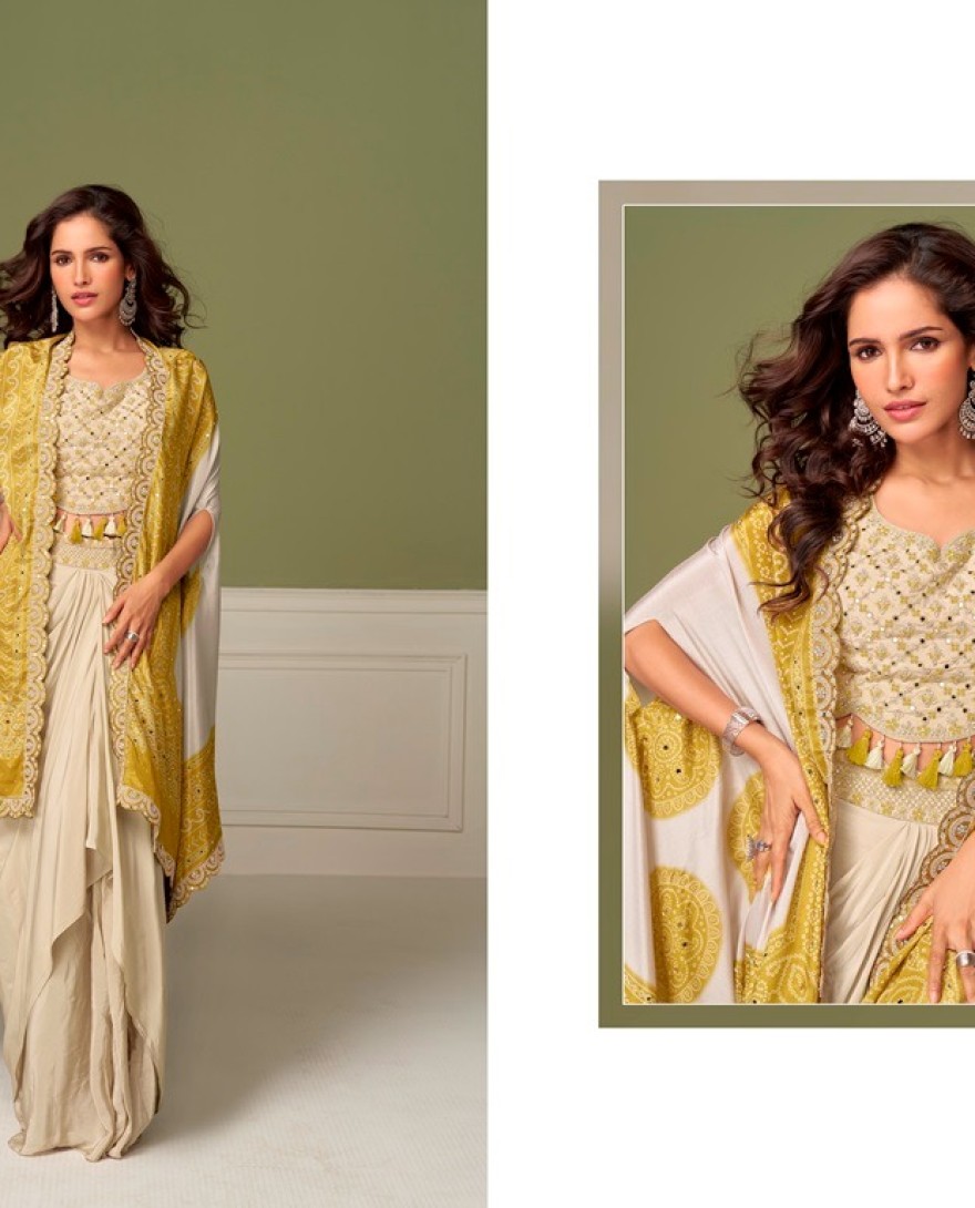 YELLOW - Yellow Chinon Embroidered and Mirror Work Readymade Salwar Suit