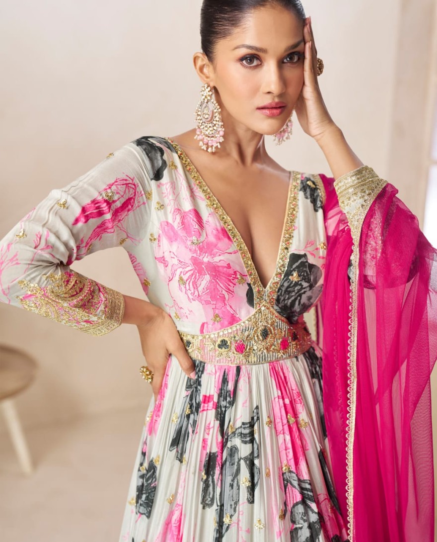 OFFWHITE - Off White Embroidered Chinnon Gown with Net Dupatta