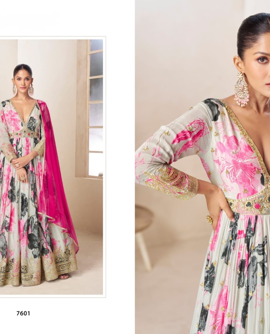 OFFWHITE - Off White Embroidered Chinnon Gown with Net Dupatta