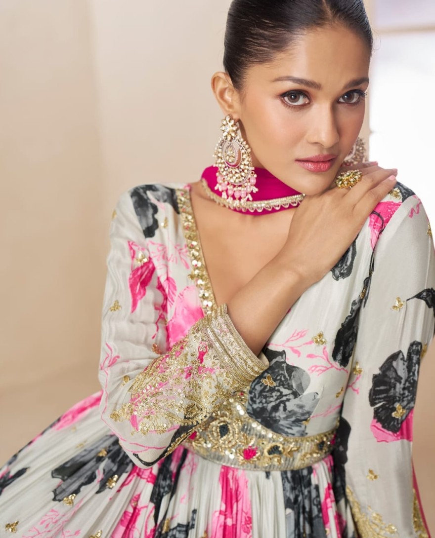 OFFWHITE - Off White Embroidered Chinnon Gown with Net Dupatta