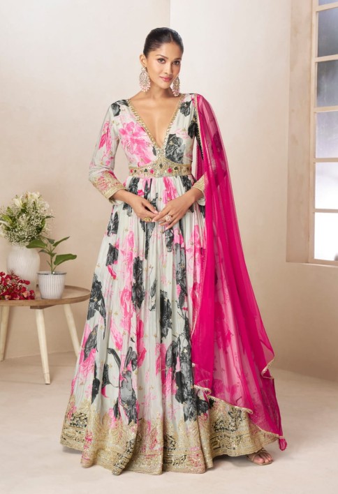 Off White Embroidered Chinnon Gown with Net Dupatta
