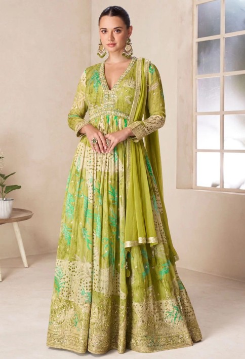Floral Green Chinon Designer Gown