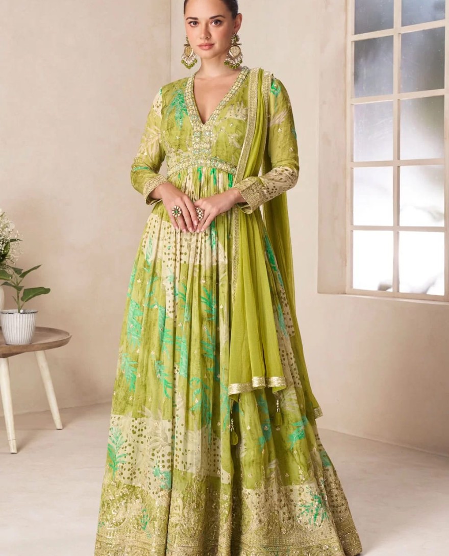 GREEN - Floral Green Chinon Designer Gown