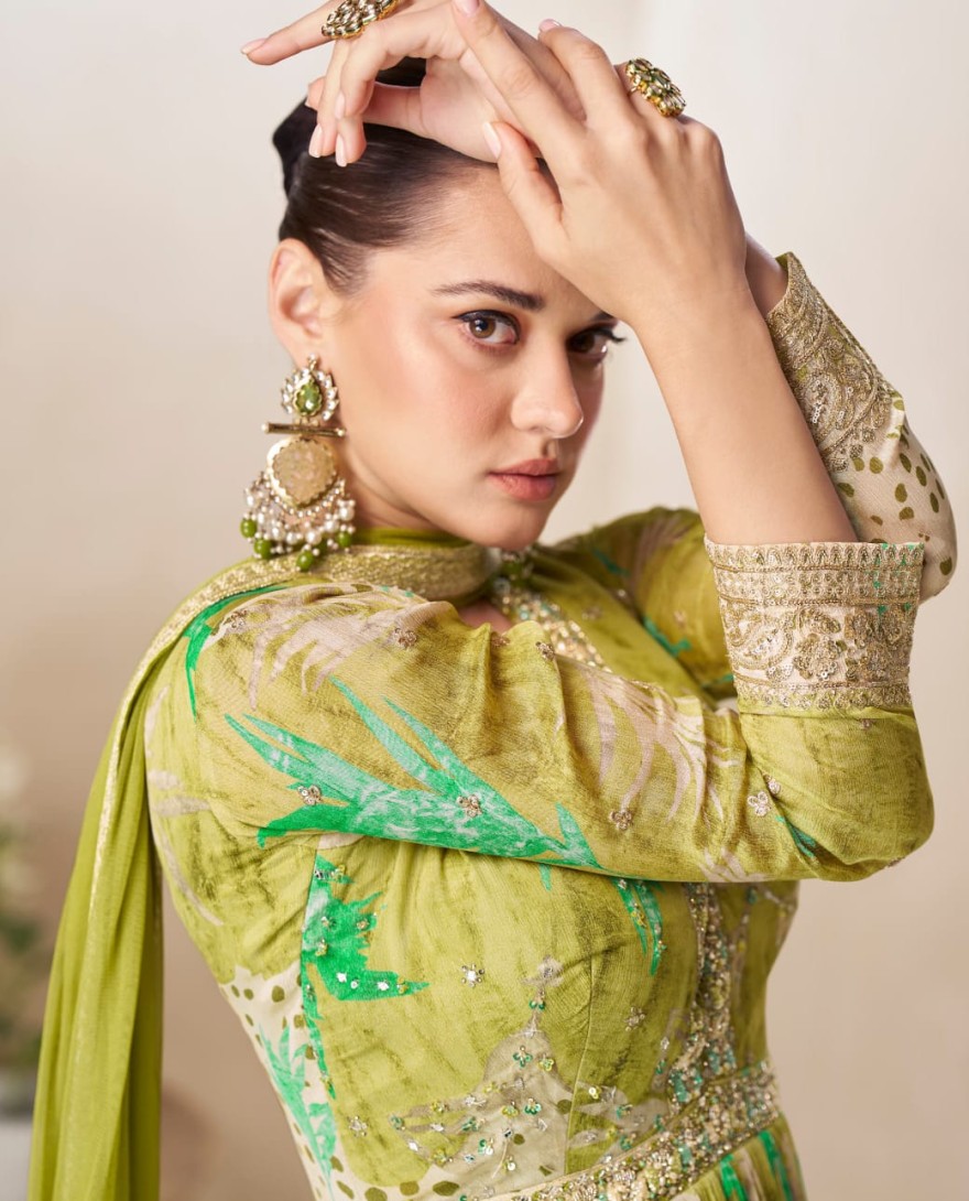 GREEN - Floral Green Chinon Designer Gown